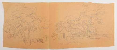 Προσχέδια με δέντρα και καλύβα