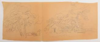 Προσχέδια με δέντρα και καλύβα