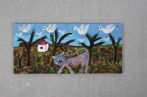 Τοπίο με σπιτάκι, πουλιά και γάτο