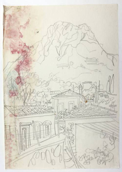 Τοπίο με βουνό και σπίτια